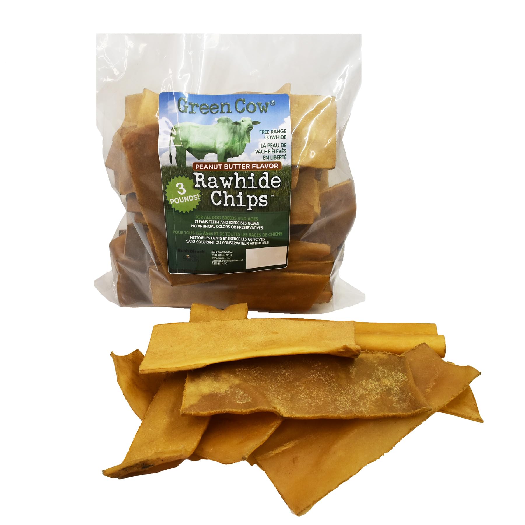 GreenCow Rawhide Chips Peanut Butter bag shows long-lasting chew for aggressive chewers.