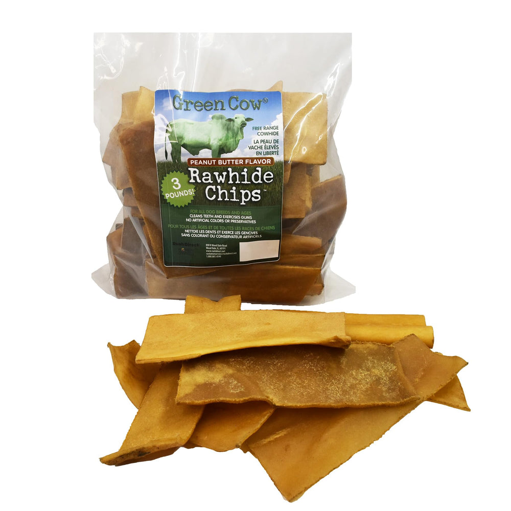 GreenCow Rawhide Chips Peanut Butter bag shows long-lasting chew for aggressive chewers.