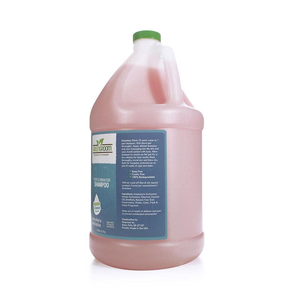 GreenGroom Odor Eliminator gallon packaging signals professional grade for home grooming.