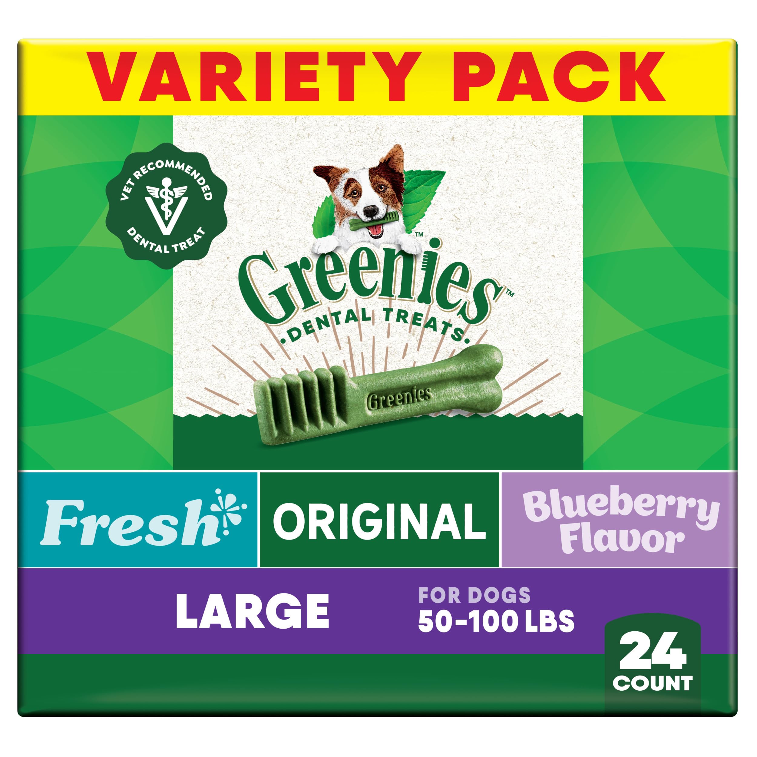 Greenies original-flavor packaging open, supporting fresh breath and daily dental care