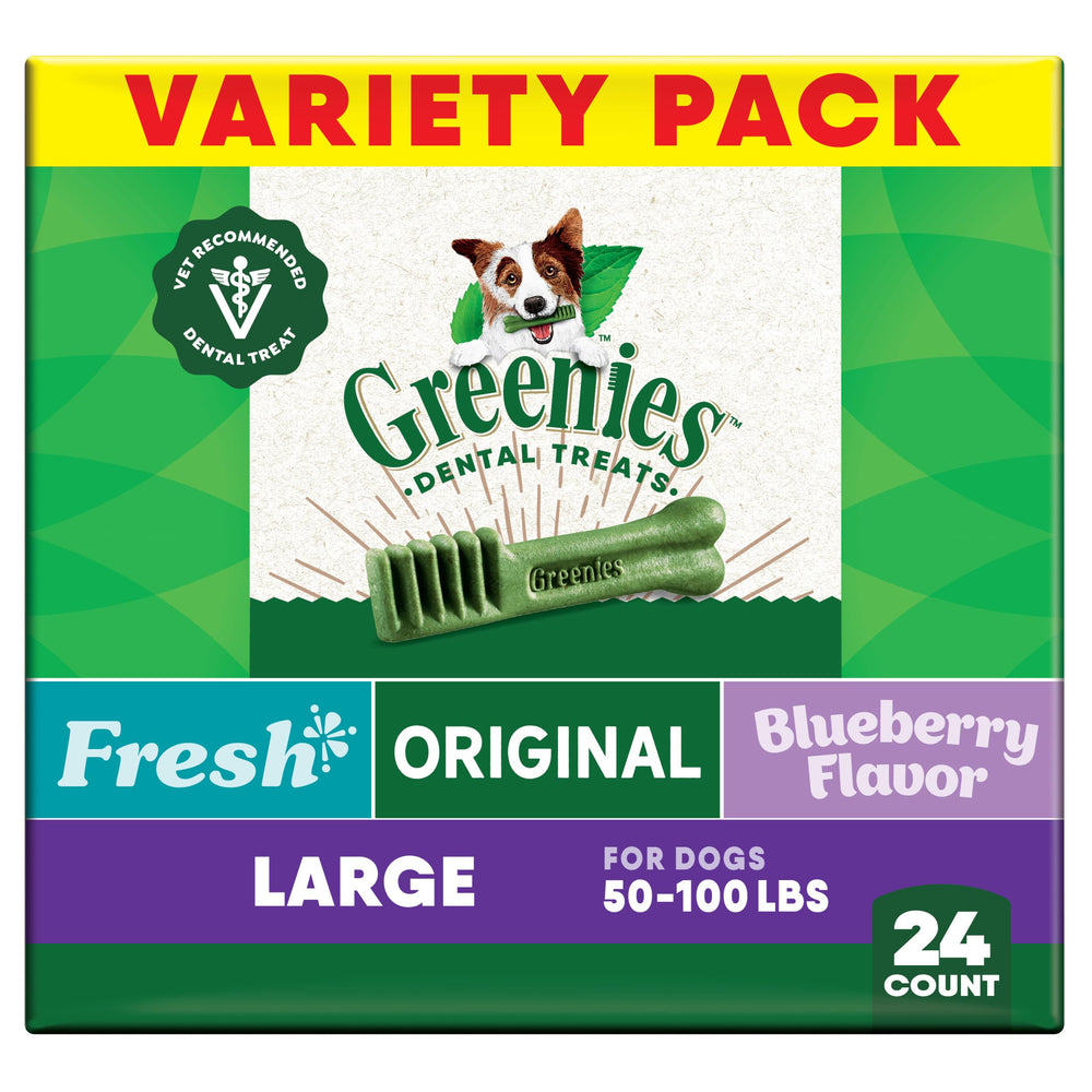 Greenies original-flavor packaging open, supporting fresh breath and daily dental care