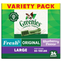 Greenies original-flavor packaging open, supporting fresh breath and daily dental care