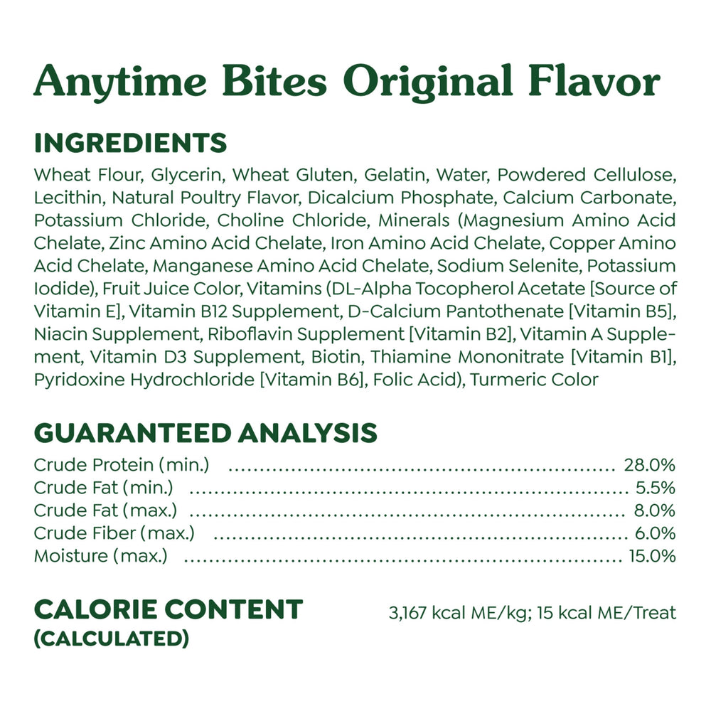 Greenies Anytime Bites 15 calories per treat – highlight of light, frequent rewards.