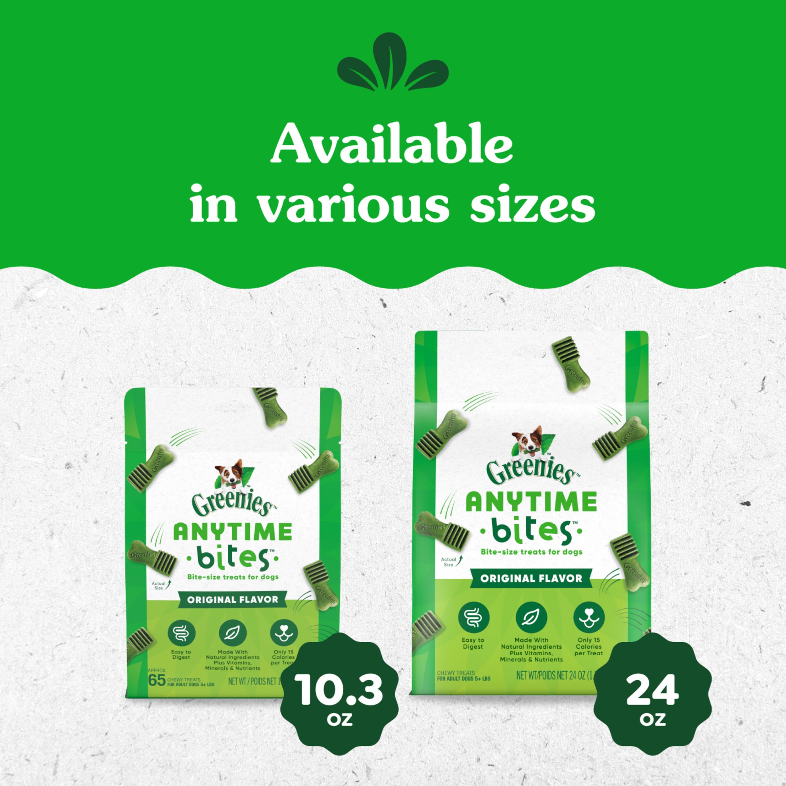 Greenies Anytime Bites original flavor – everyday treat option for frequent rewards.