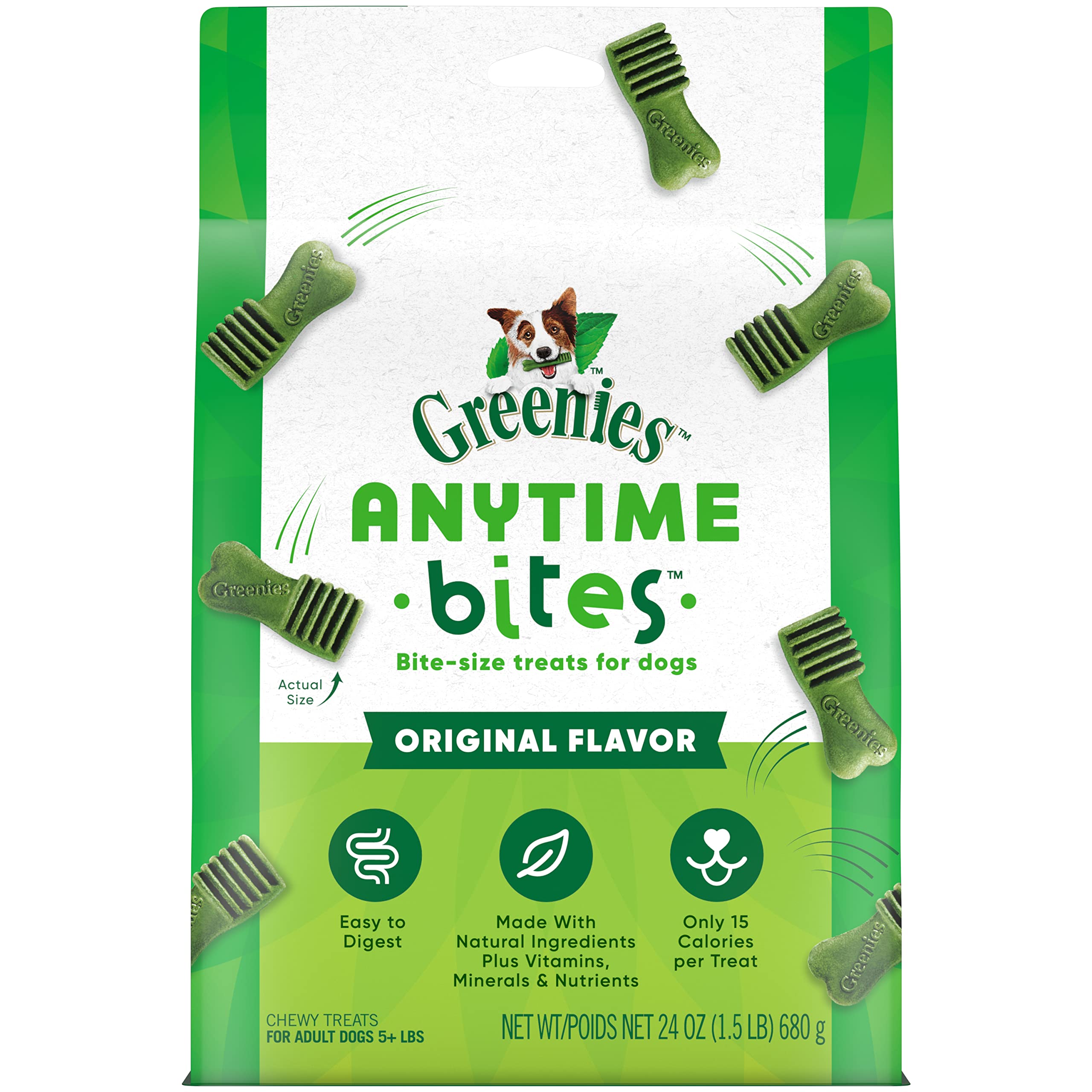 Greenies Anytime Bites original 24oz bag – close-up of tiny chewy treats ideal for training rewards.