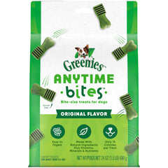 Greenies Anytime Bites original 24oz bag – close-up of tiny chewy treats ideal for training rewards.