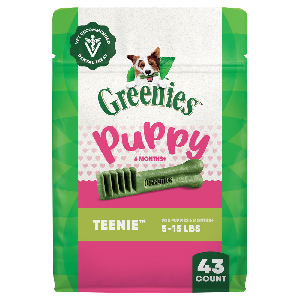 Greenies Dental Puppy Treats Teenie Pack front view supports oral care and fresh breath.