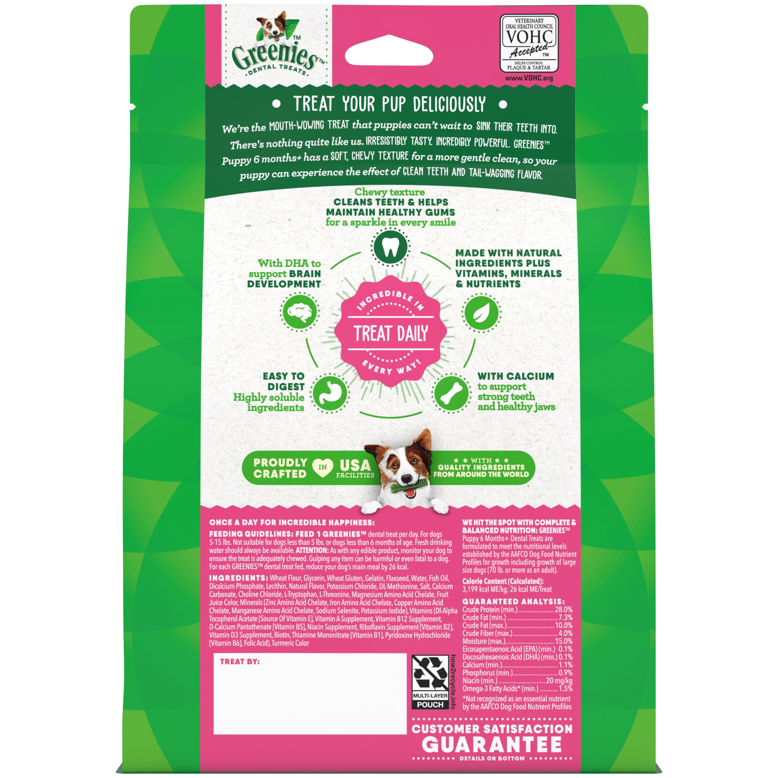 Greenies Dental Puppy Treats Teenie pack on shelf ready for daily dental routine.