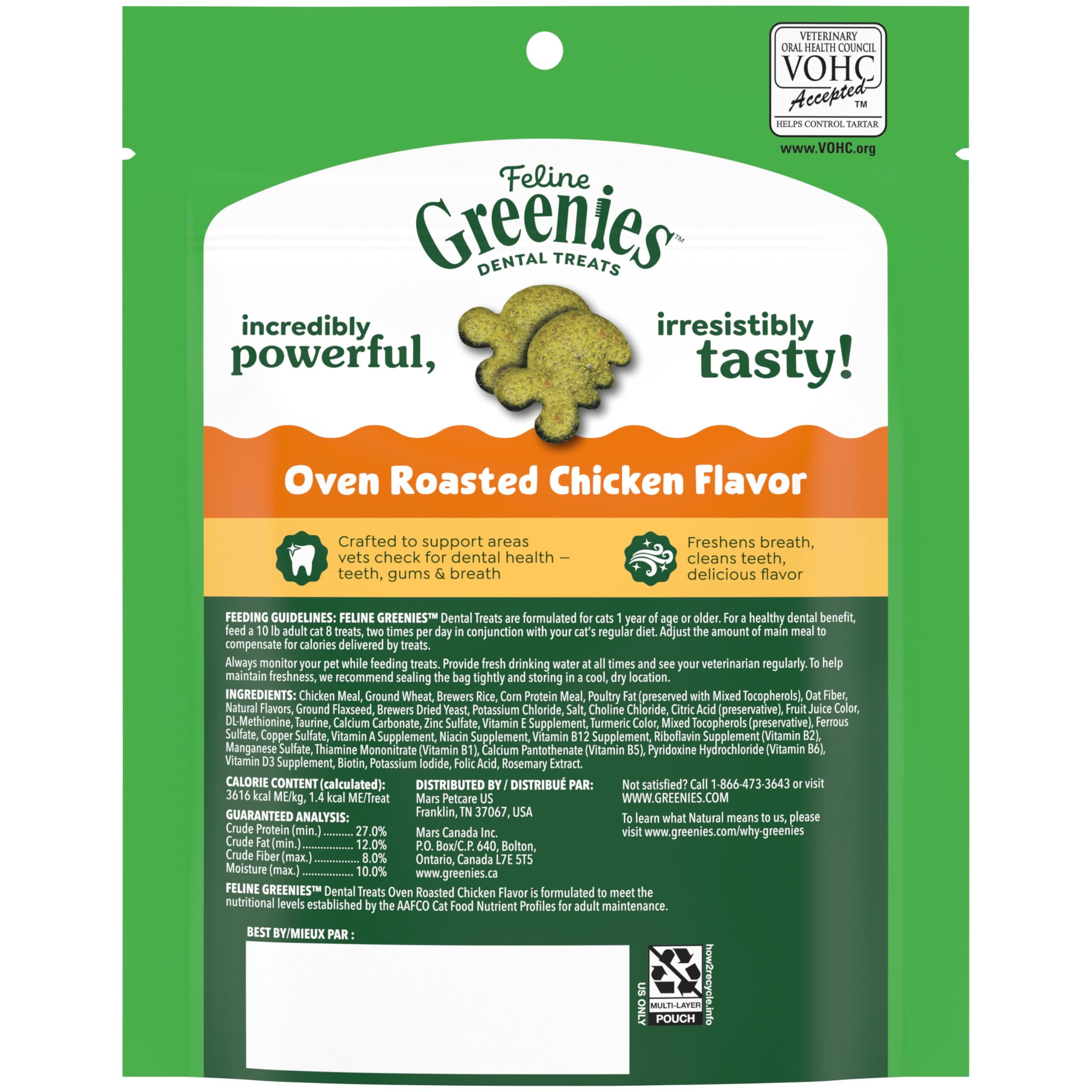 Greenies natural ingredients with vitamins and minerals supporting feline health.