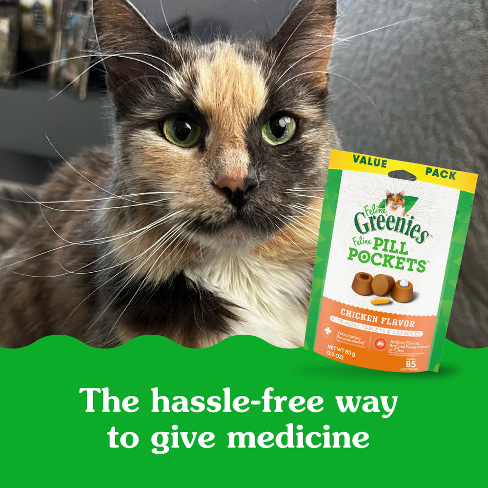 Greenies Feline Pill Pockets packaging picture with ingredients label.