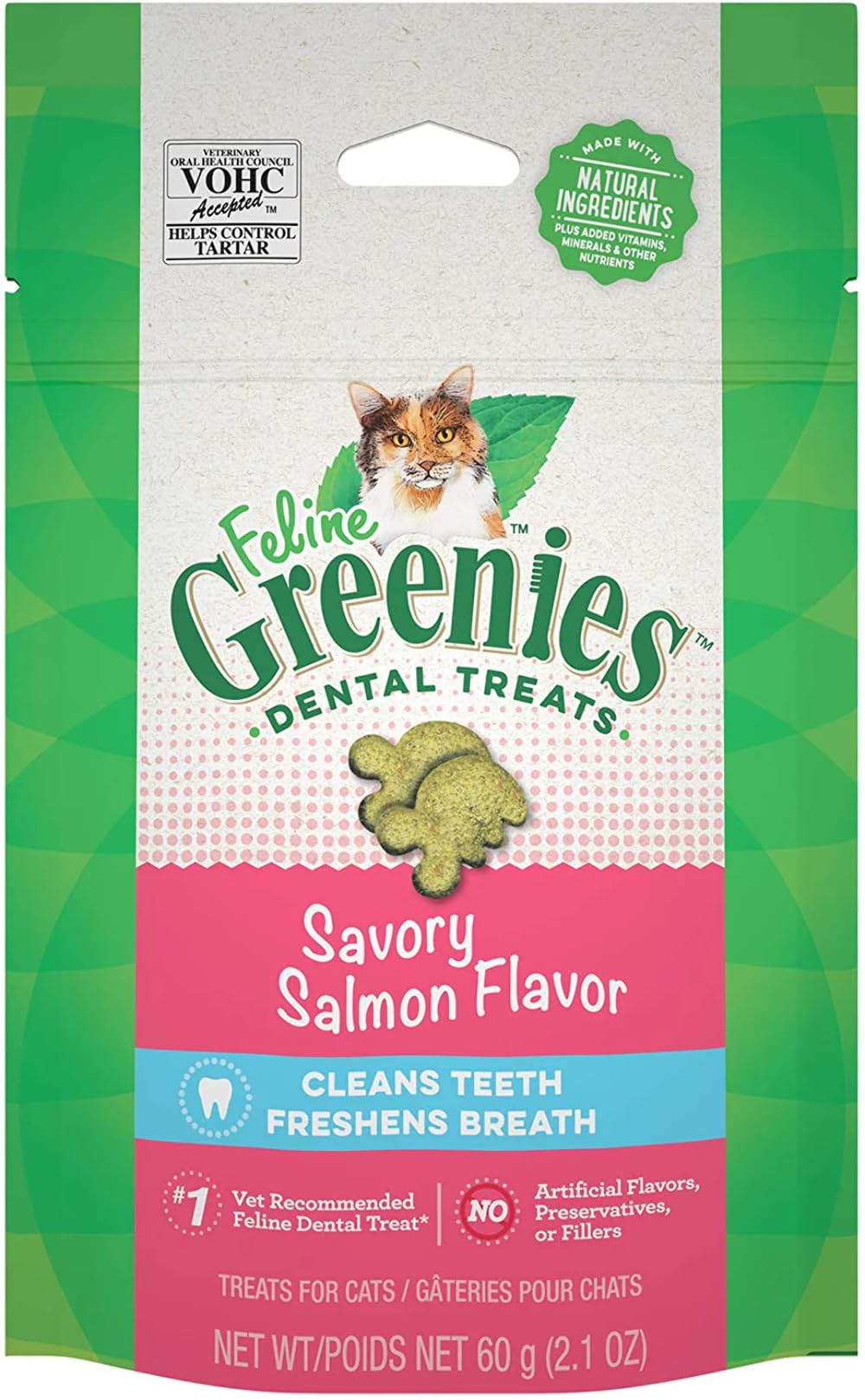 Greenies Feline Savory Salmon Dental Treats pouch showing cat dental care and breath freshness.