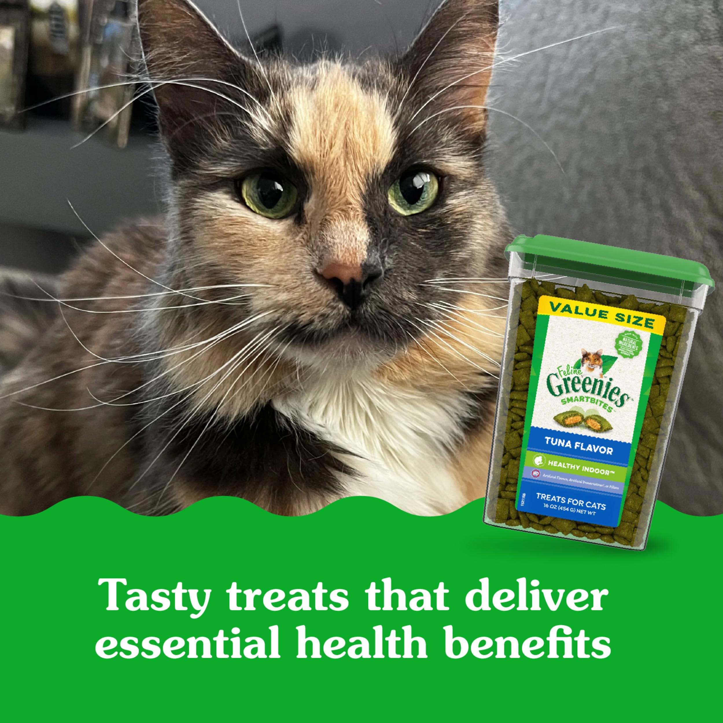 Greenies Smartbites Tuna Flavor dual-texture treats for indoor cats encourage play and feeding enrichment.