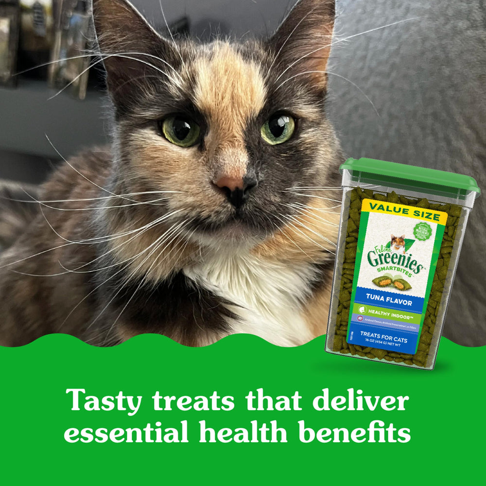Greenies Smartbites Tuna Flavor dual-texture treats for indoor cats encourage play and feeding enrichment.