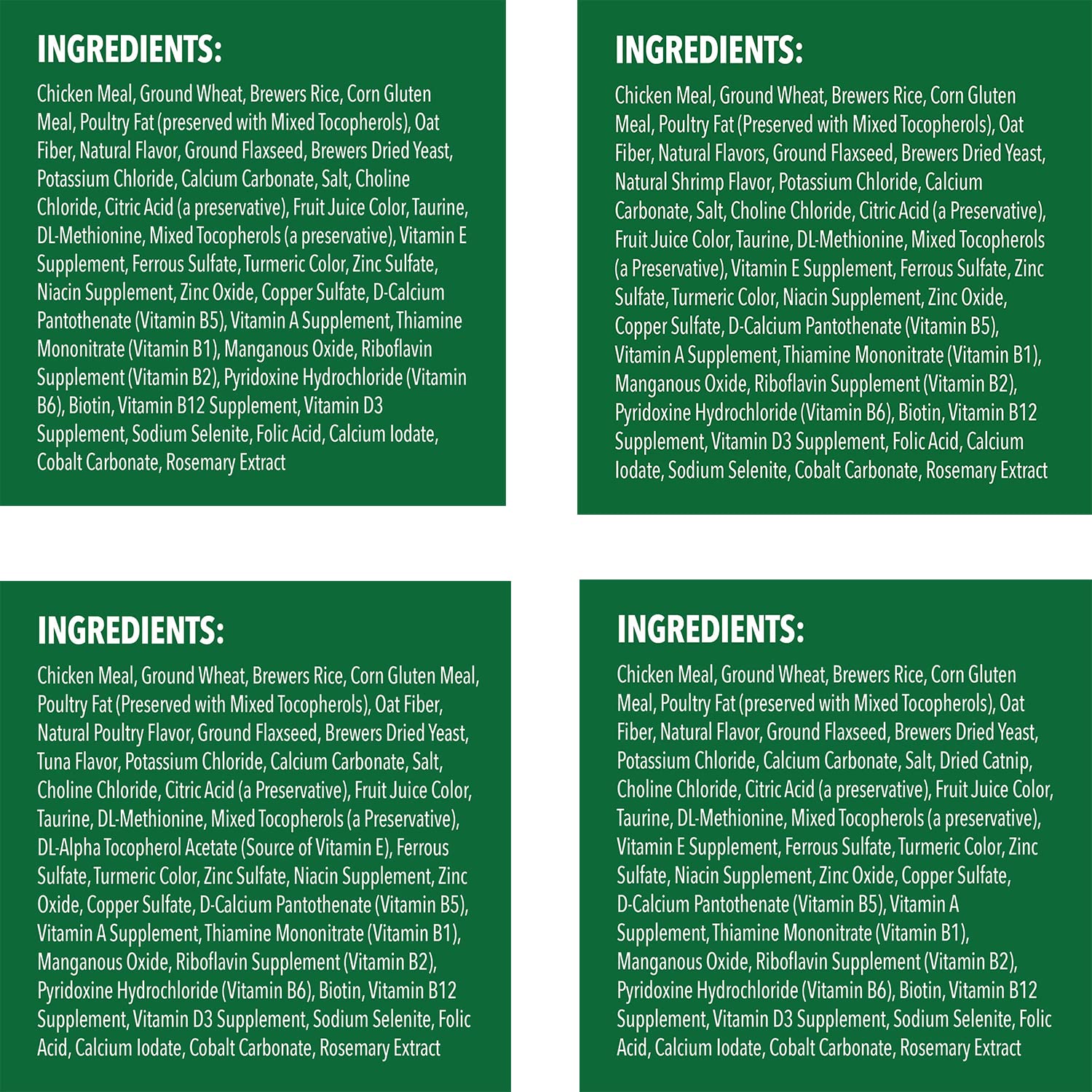 Greenies four-flavor treats close-up bag shows texture and flavor variety for cats