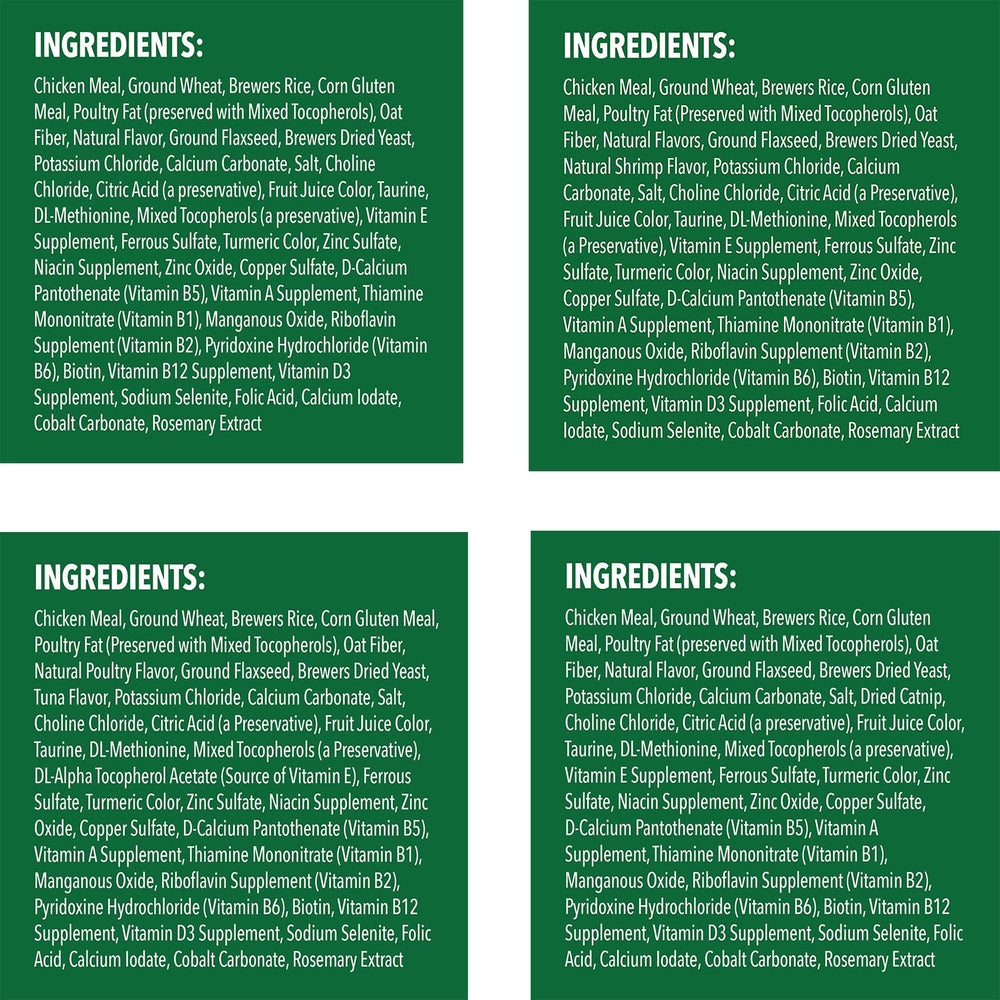 Greenies four-flavor treats close-up bag shows texture and flavor variety for cats
