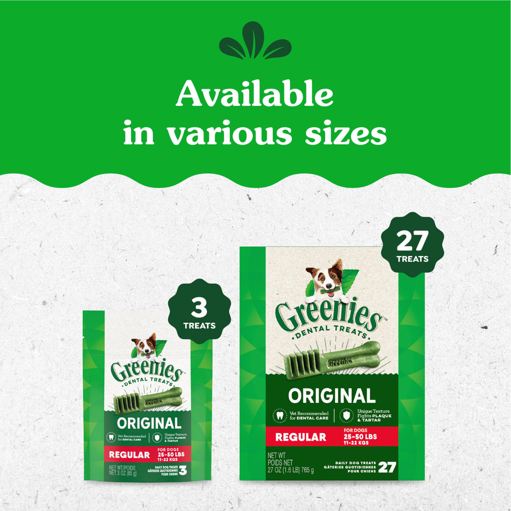 Greenies packaging signals natural ingredients for safe, tasty dental care.