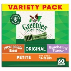 Greenies original flavor dog treats, 60-count pack, support oral health and breath freshness.