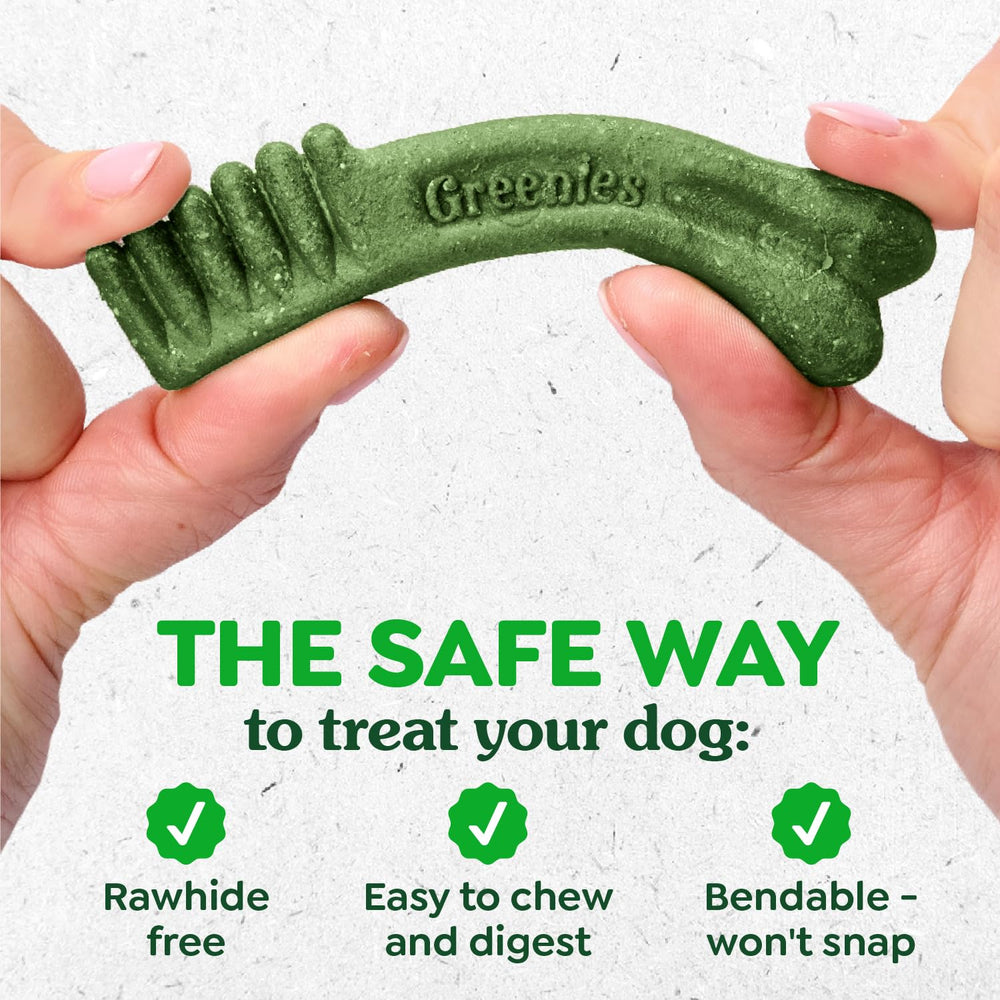 Greenies original-flavor bite emphasizes tasty dental solution.