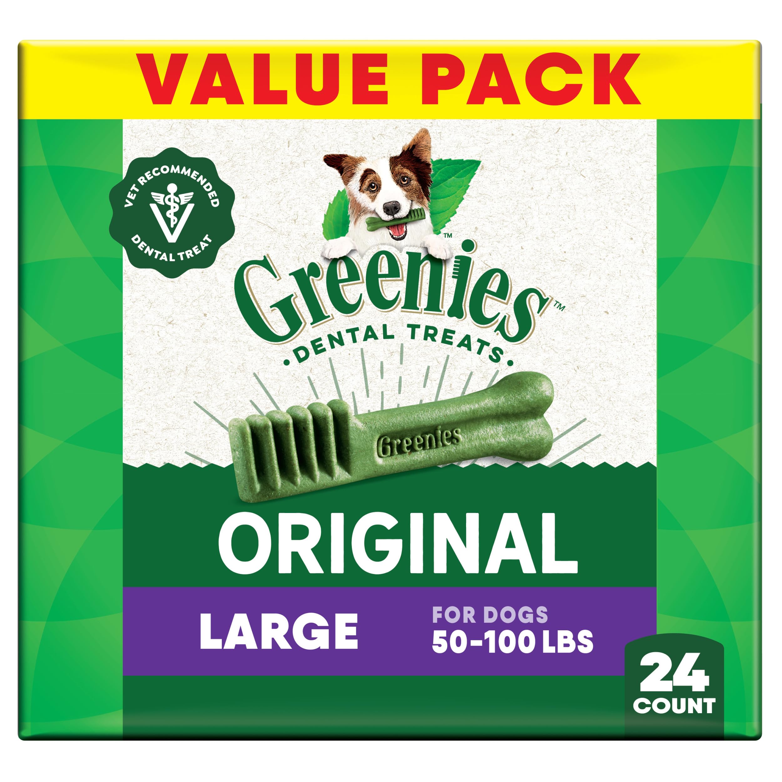 Greenies Original Large Dental Dog Treats bag exterior showcases a trusted large-breed chew.