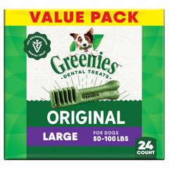 Greenies Original Large Dental Dog Treats bag exterior showcases a trusted large-breed chew.