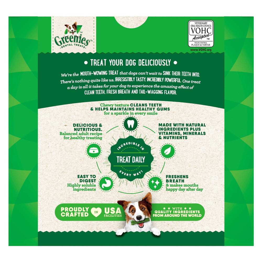 Greenies Original Large Dental Dog Treats packaging opened revealing 24 treats.