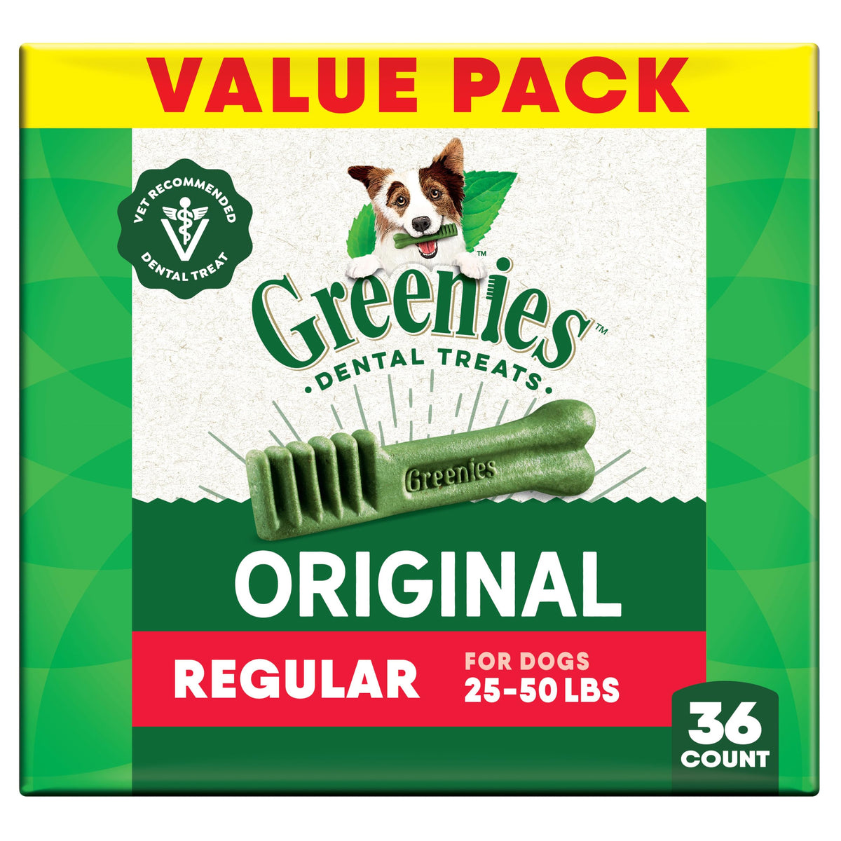 Greenies Original dental treats pack highlights 36 oz size for daily dental care.