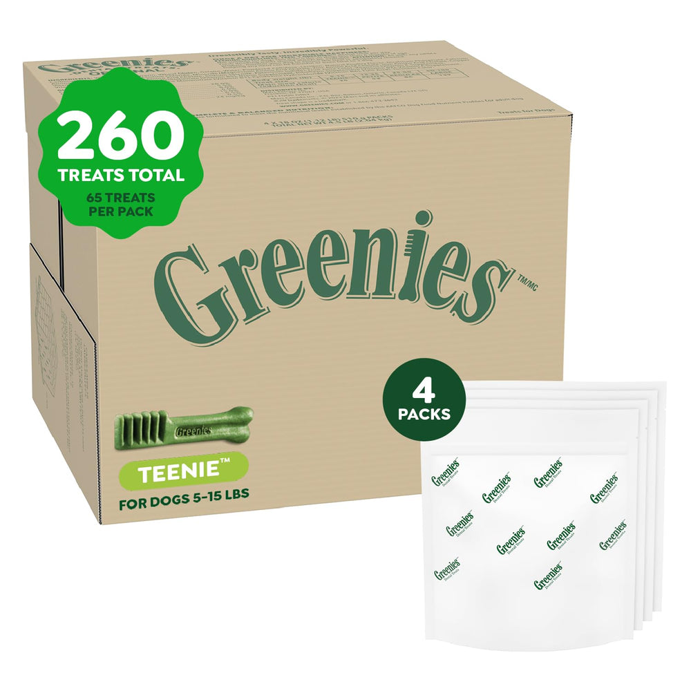 Greenies Original Teenie packaging image shows a 4x65-pack for small-breed dogs
