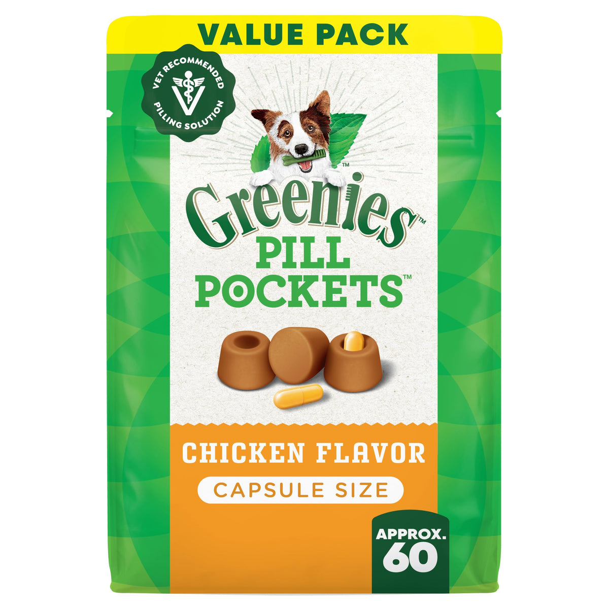 Greenies Pill Pockets large chicken bag closeup for easy medication prep.