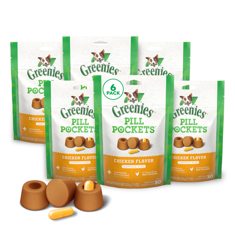 Greenies Pill Pockets large-packaging showing six pouches for easy med time