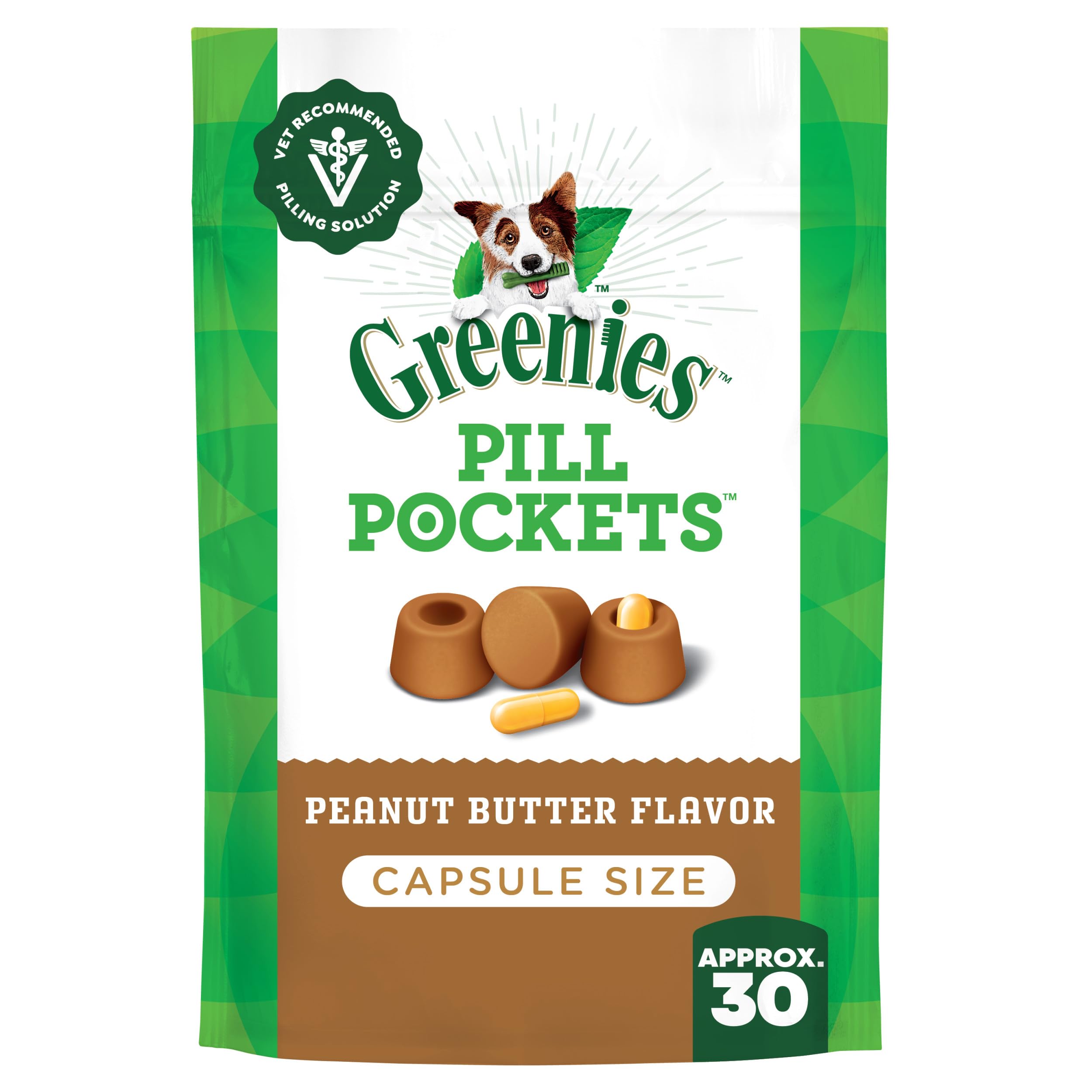 Greenies Pill Pockets Large peanut butter close-up highlights flavor masking for meds.