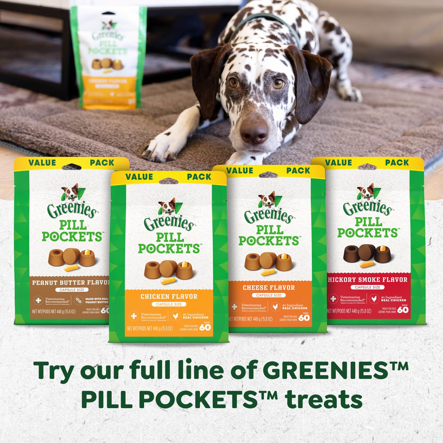 Greenies Pill Pockets travel-pack scene demonstrates convenient med time on the go