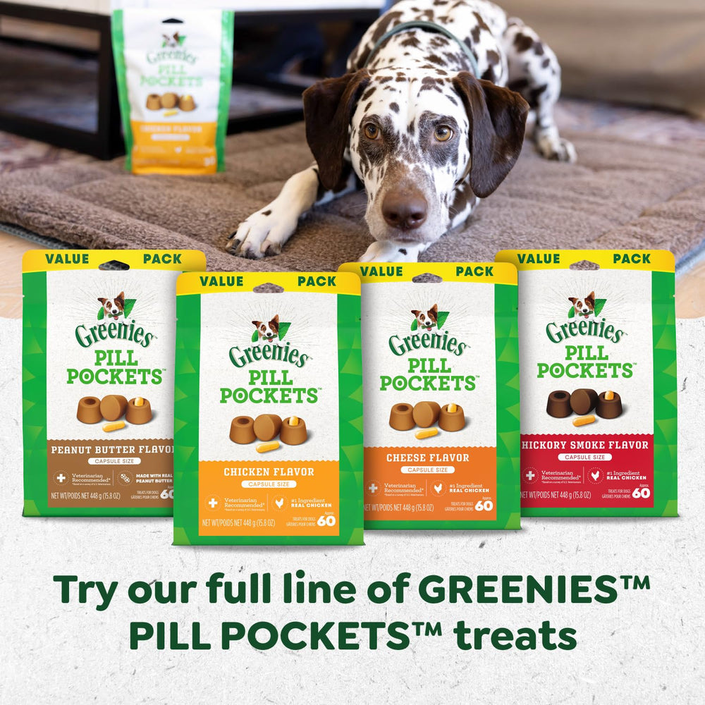 Greenies Pill Pockets travel-pack scene demonstrates convenient med time on the go