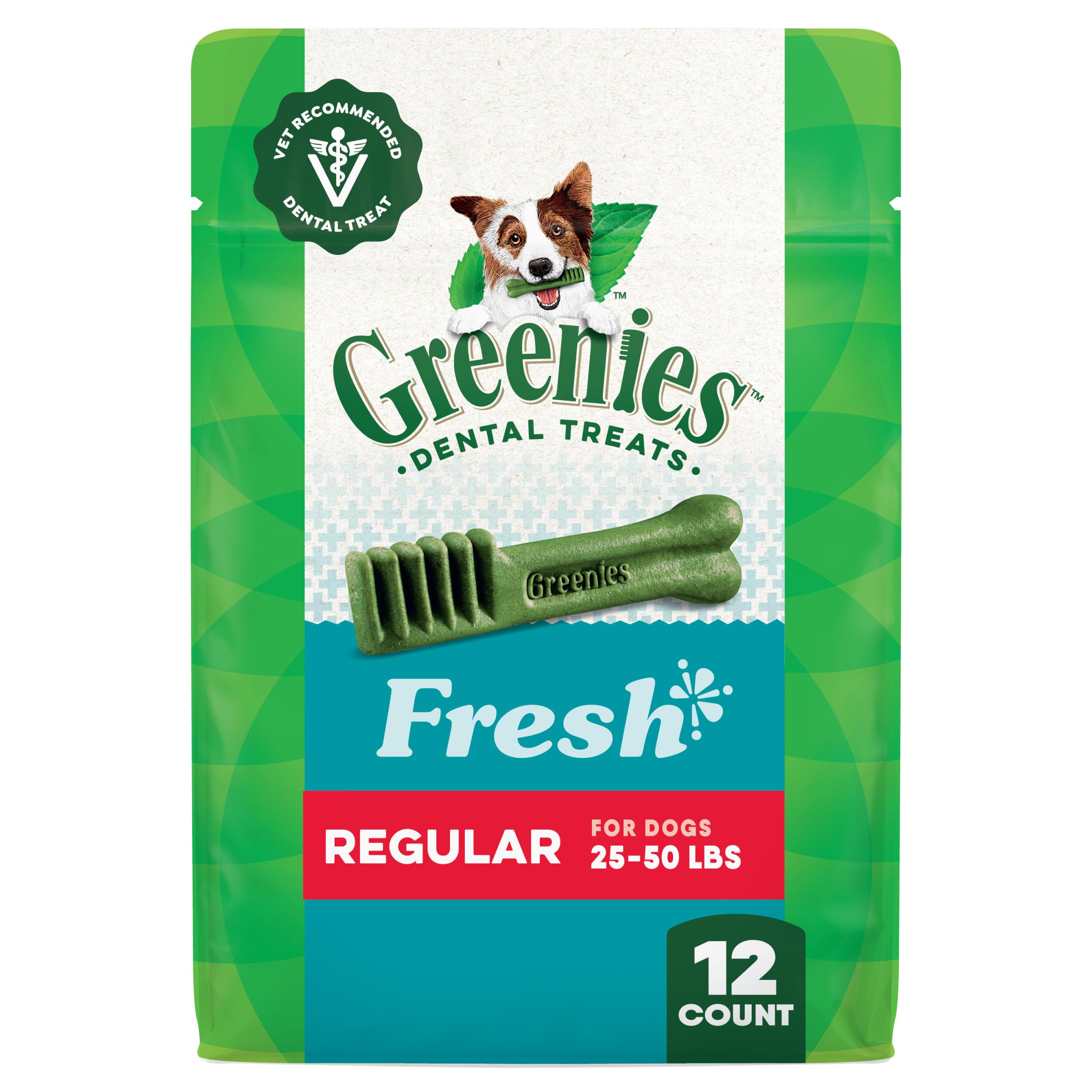 Greenies regular-size dental treats pack front for daily dental care
