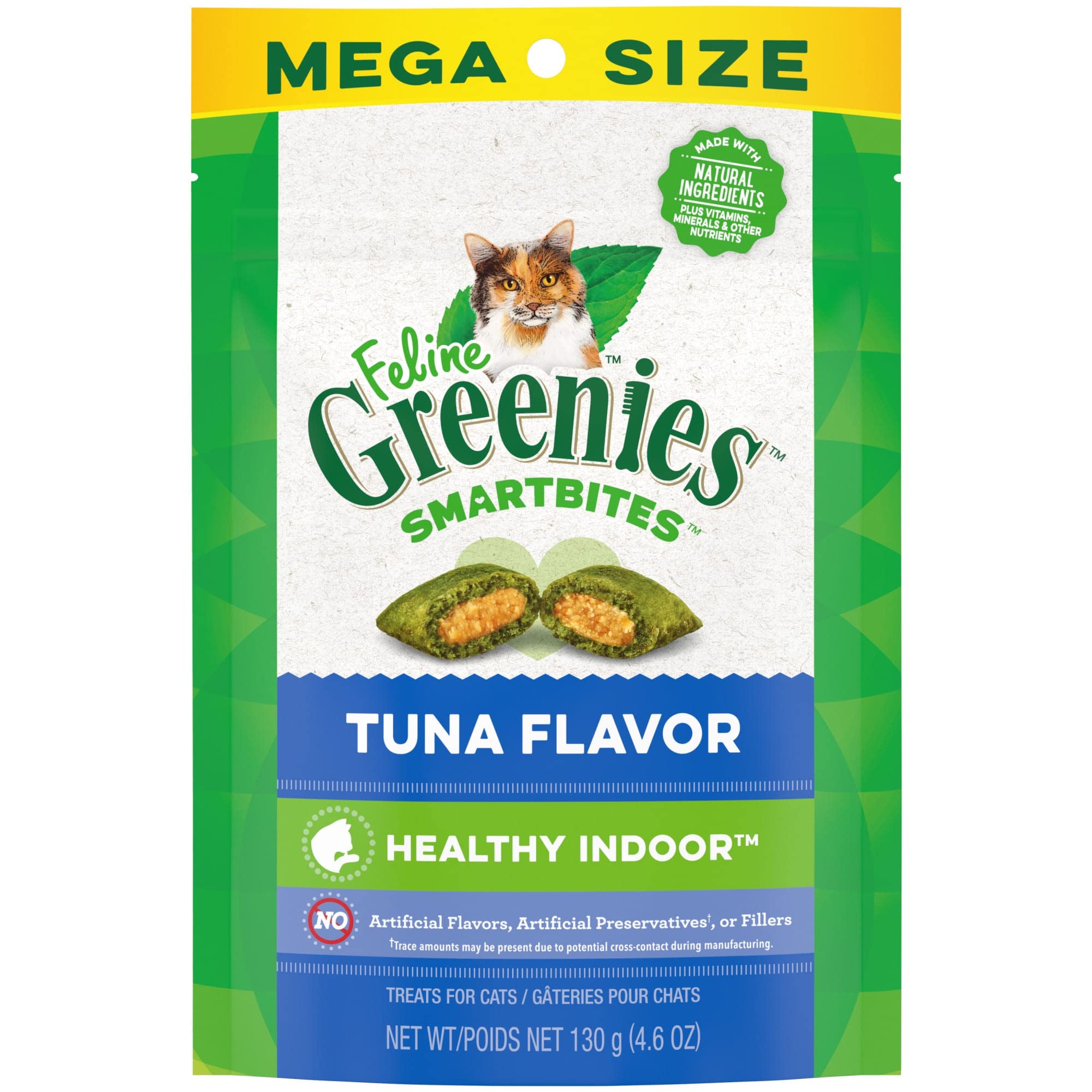 Greenies Smartbites cat bowl shows a crunchy, fiber-rich treat for digestion support.