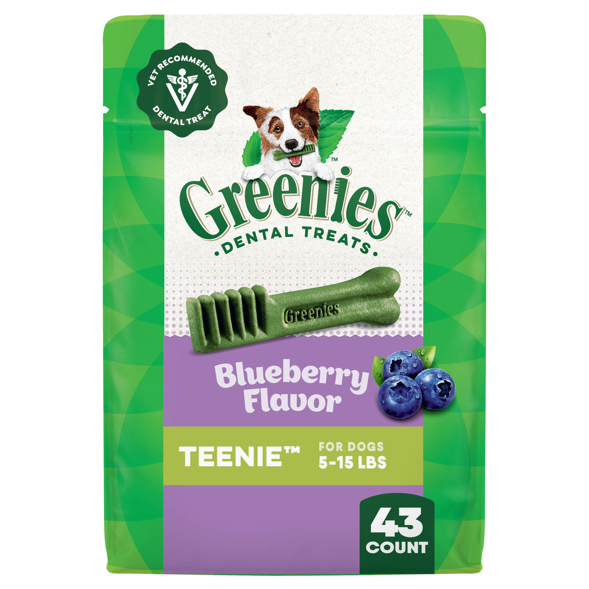 Greenies Teenie Blueberry pack front demonstrates small-dog dental care support