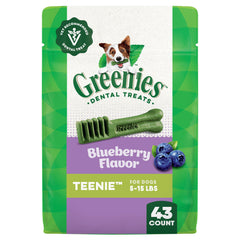 Greenies Teenie Blueberry pack front demonstrates small-dog dental care support