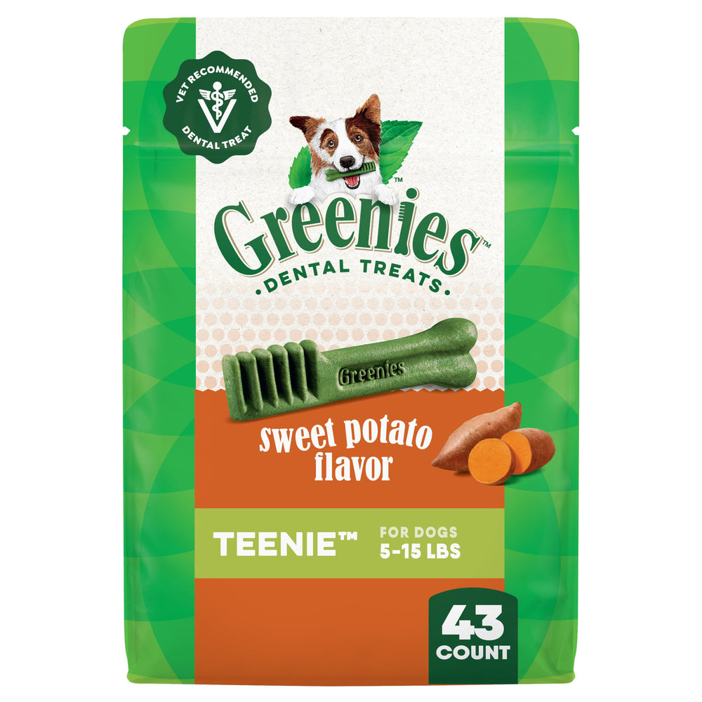Greenies Teenie Sweet Potato Dental Treats pouch on countertop, promoting fresh breath and small-dog dental care.