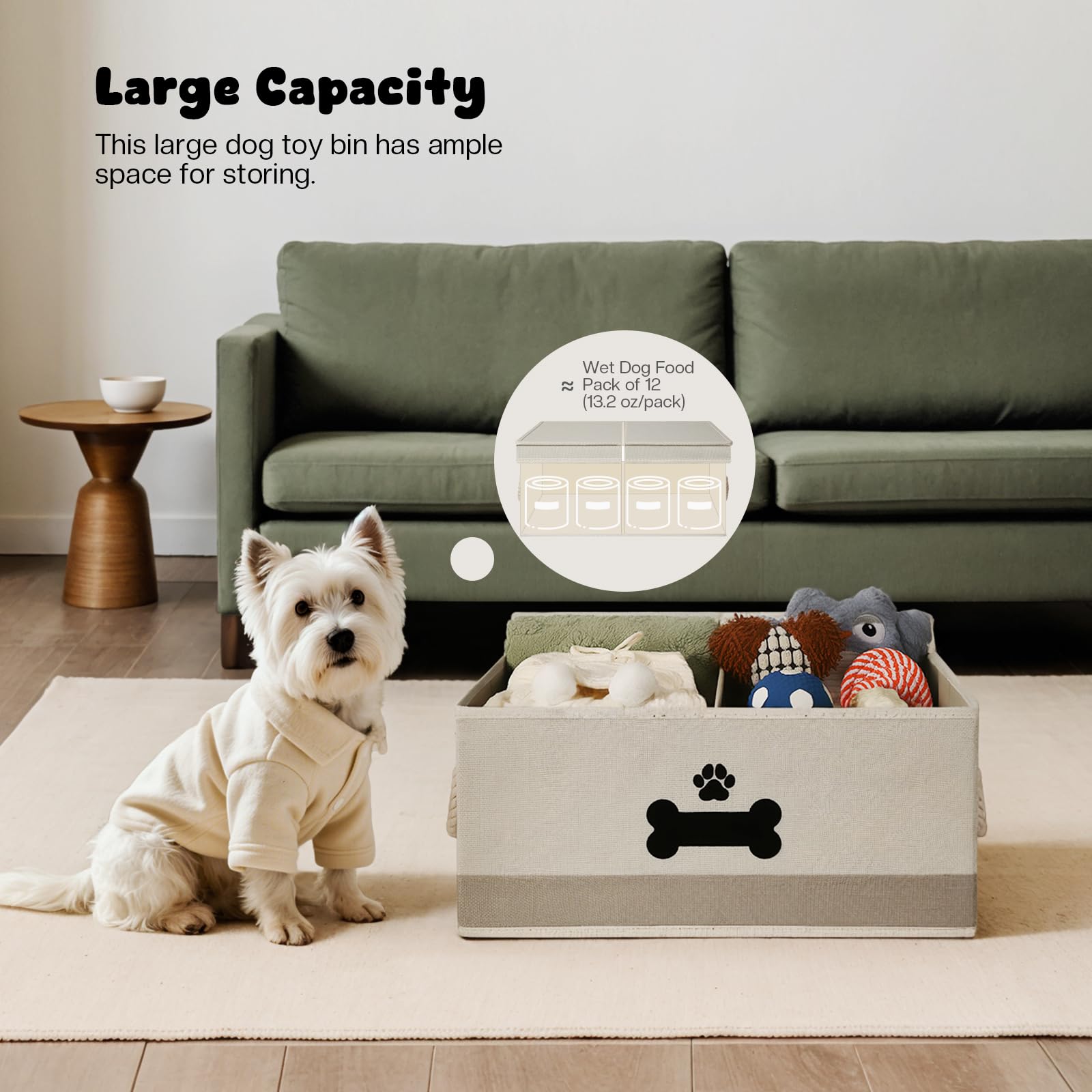 GreenPetopia dog toy basket divided compartments keep plush toys organized.
