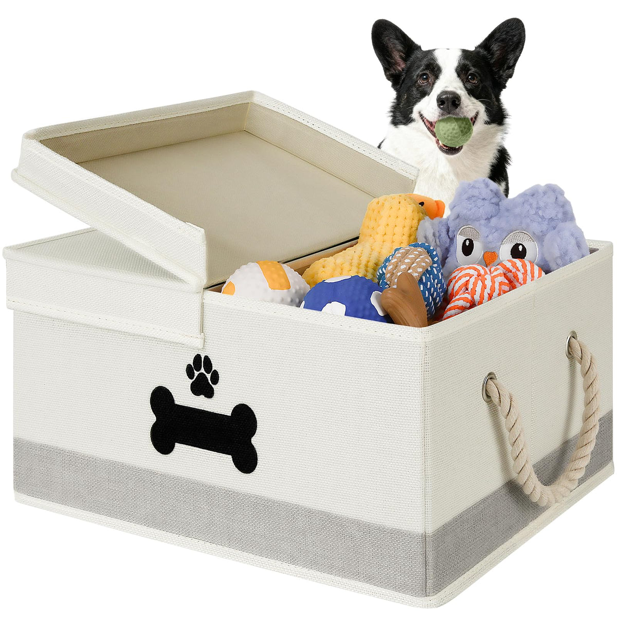 GreenPetopia dog toy basket with double-open lid for quick toy access and organization.
