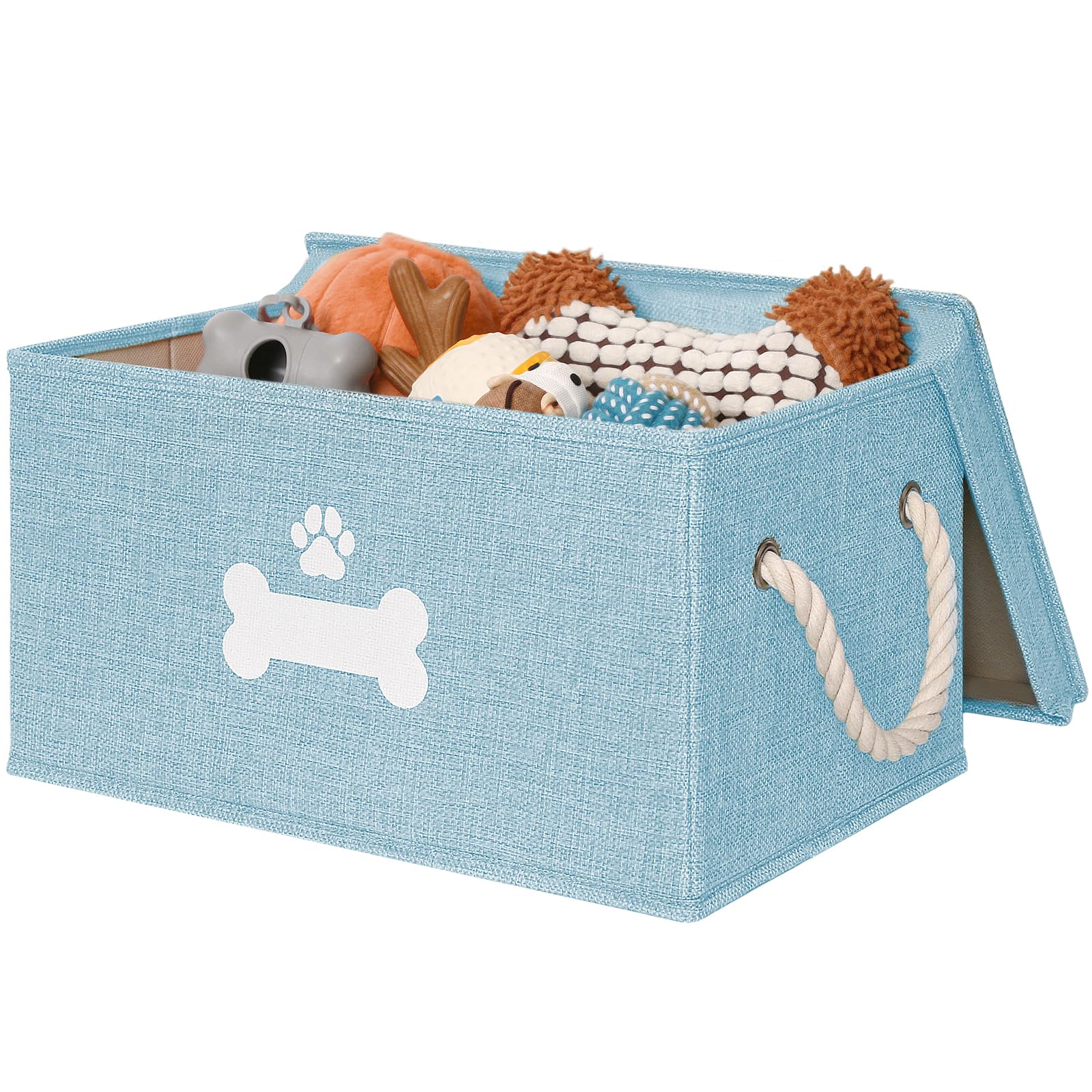 GreenPetopia dog toy basket with lid keeps toys organized and the living room tidy.