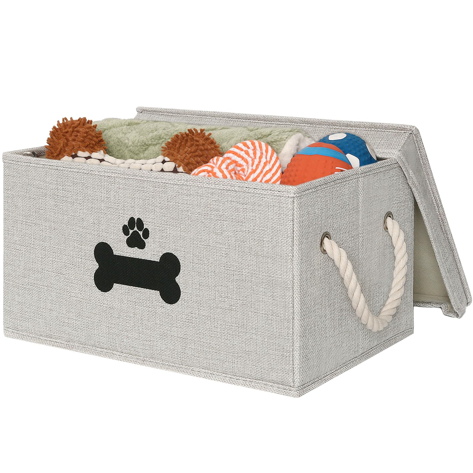 GreenPetopia dog toy basket with lid gray neatly stores toys for a tidy living room.