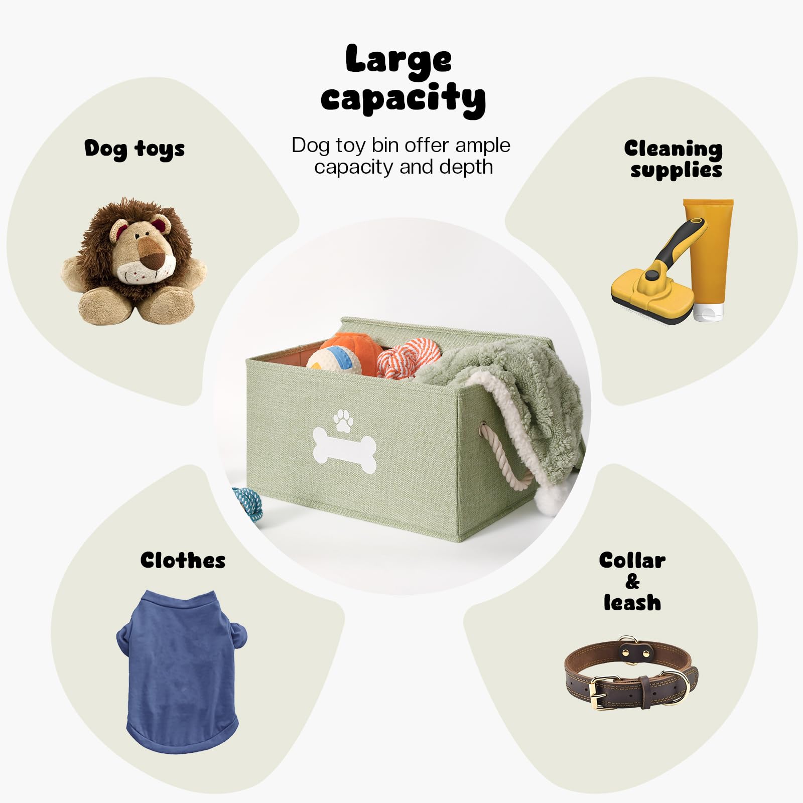 GreenPetopia dog toy bin with collars and leashes neatly stored for quick everyday access.