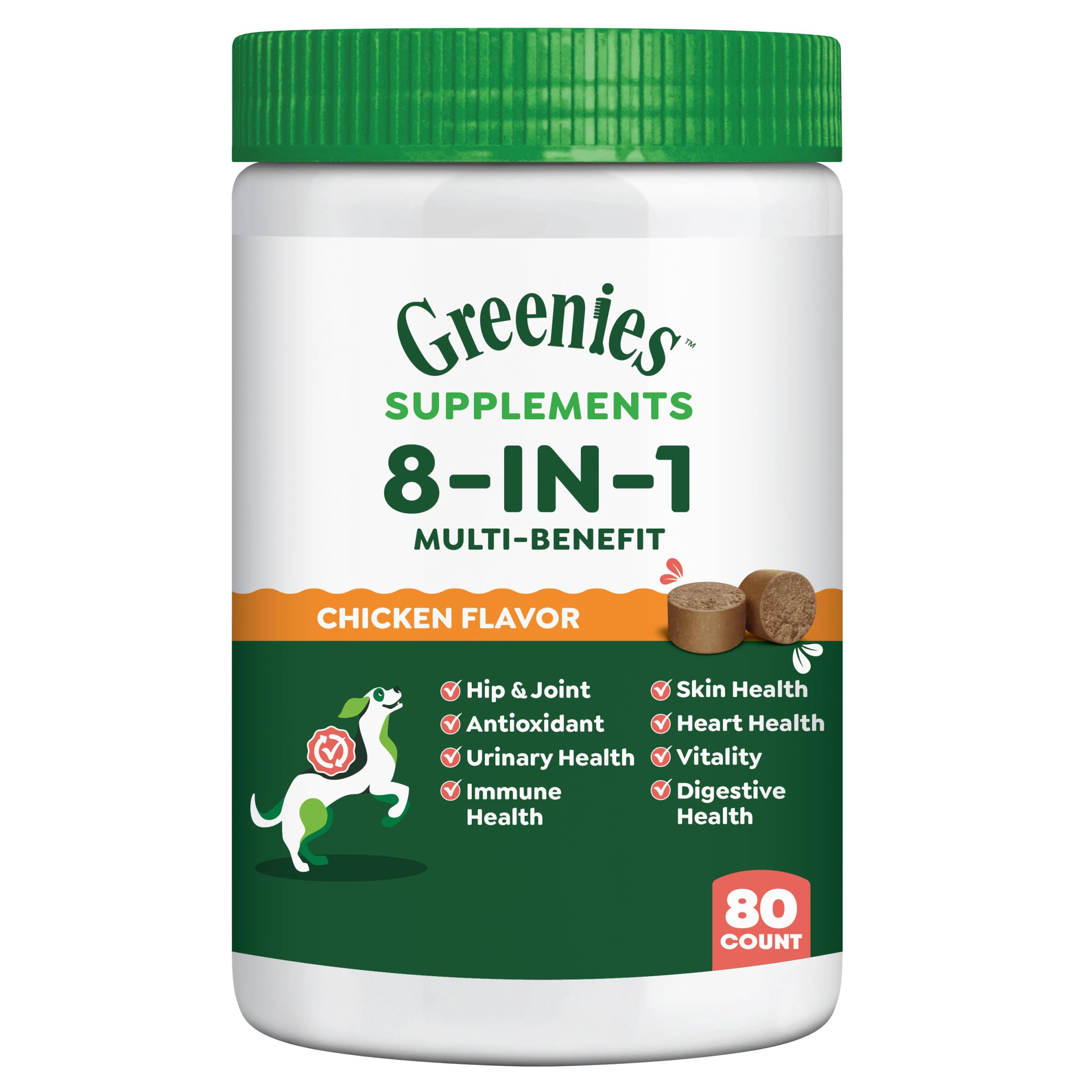 Greenies 8-in-1 supplement bottle front for convenient daily wellness