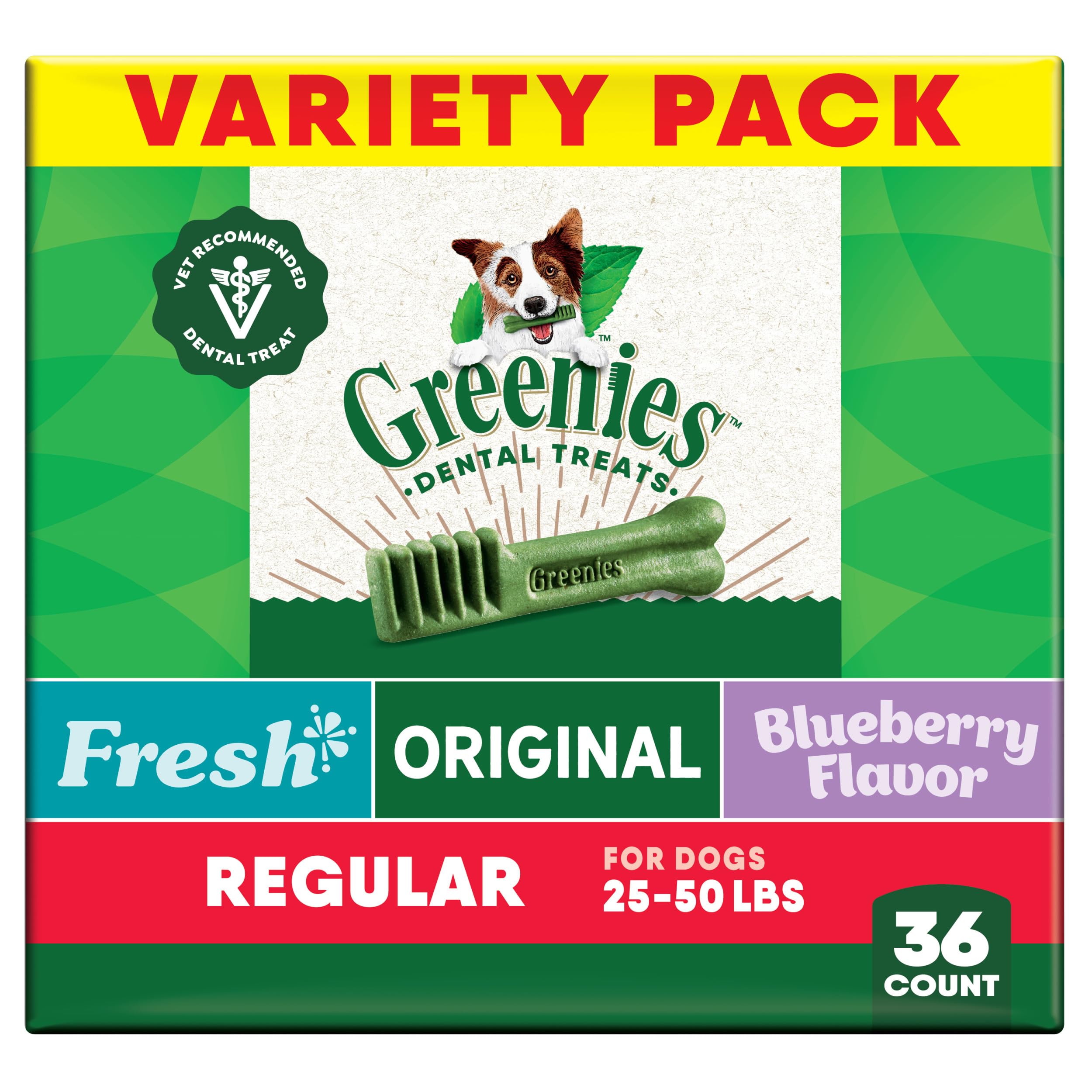 Greenies Original dental dog treats packaging front view highlighting daily oral care.