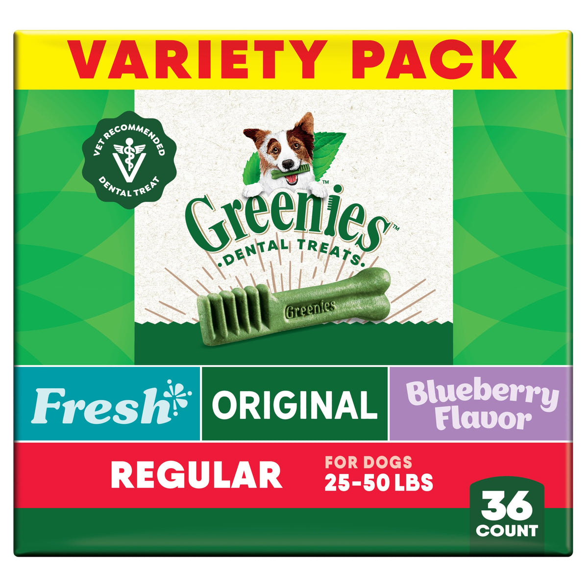 Greenies Original dental dog treats packaging front view highlighting daily oral care.
