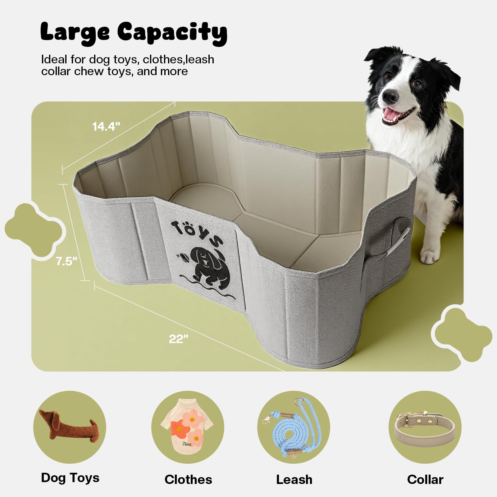 GreenPetopia bone-shaped toy basket with PU handles for easy transport.