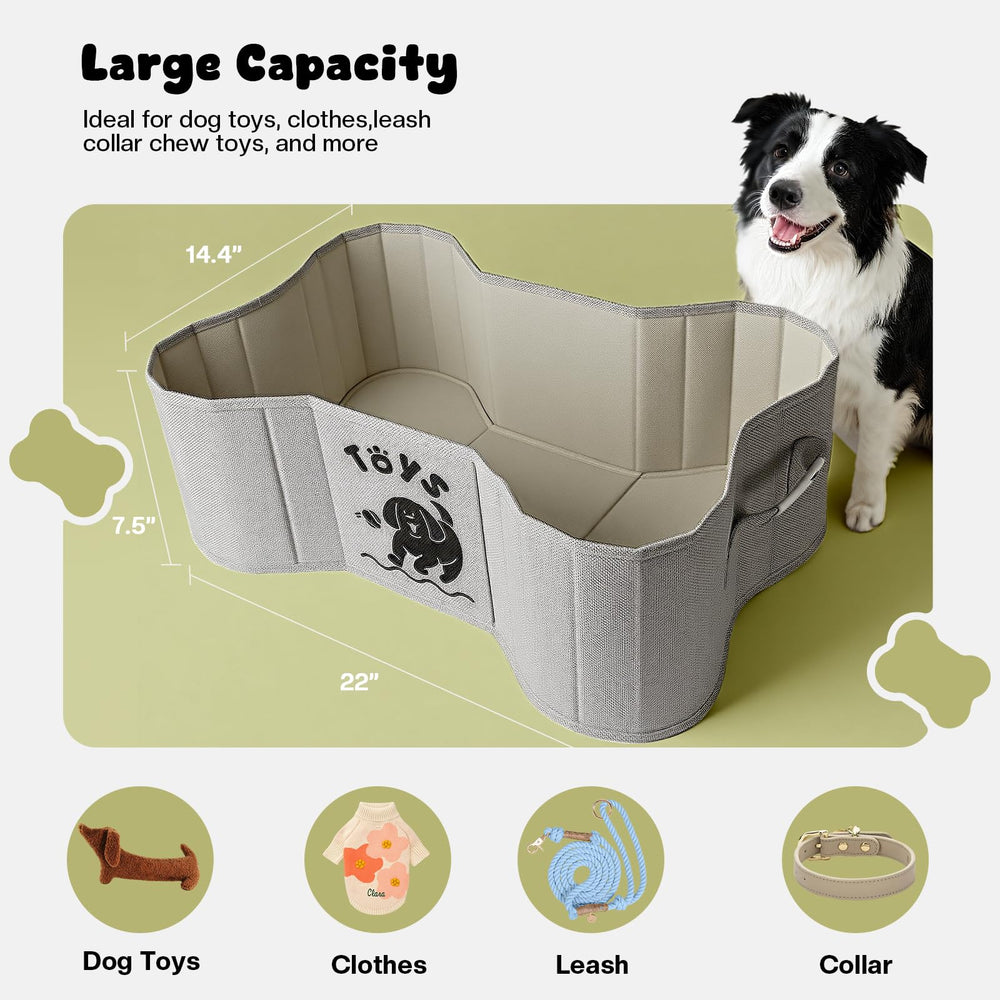 GreenPetopia bone-shaped toy basket with PU handles for easy transport.