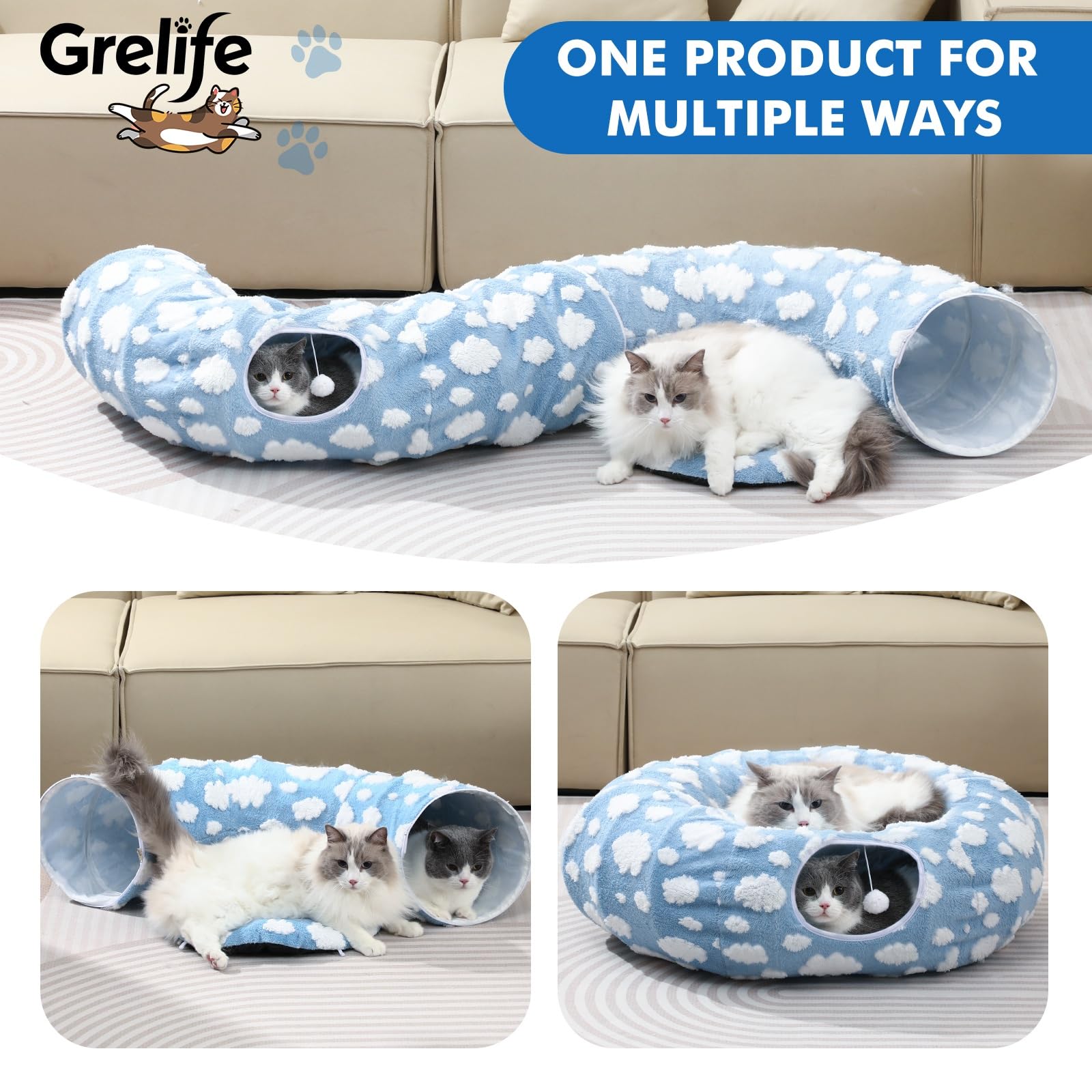 Grelife cat tunnel bed includes dangling toys for interactive play.