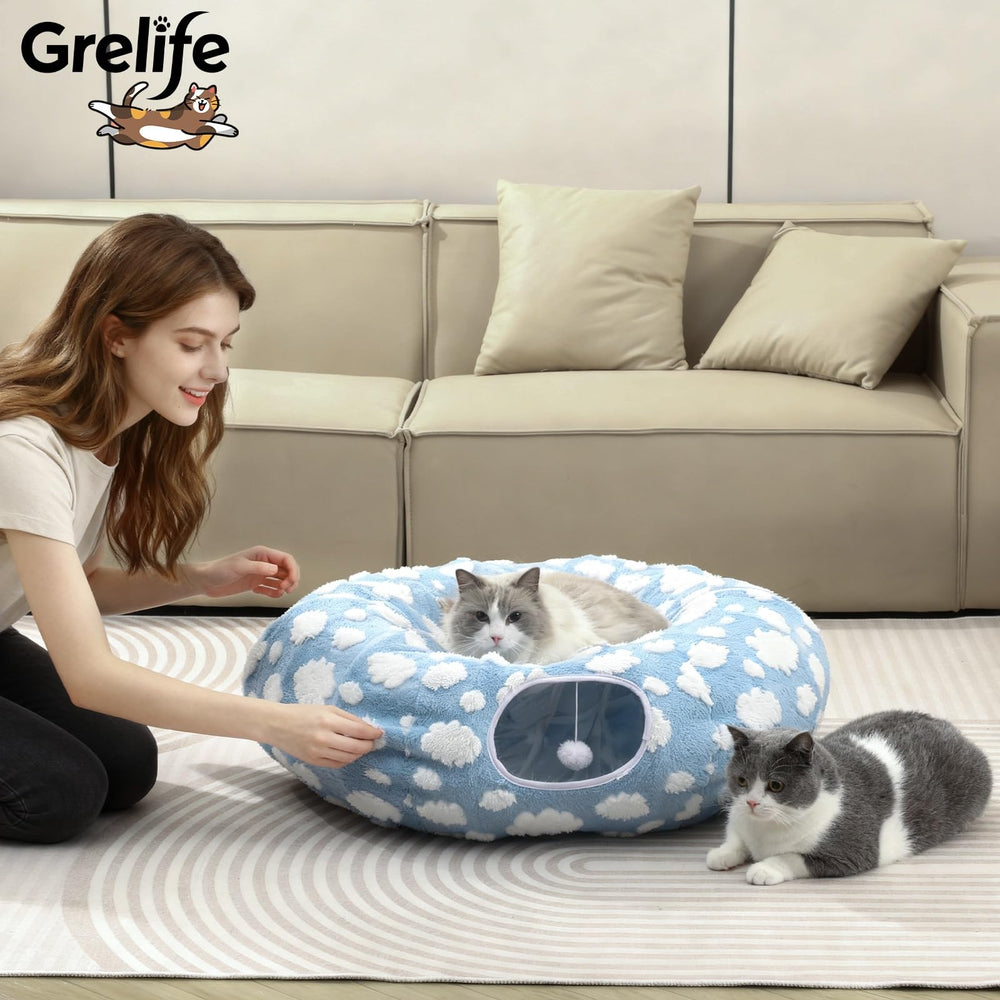 Grelife cat tunnel bed with non-slip base keeps play steady on floors.