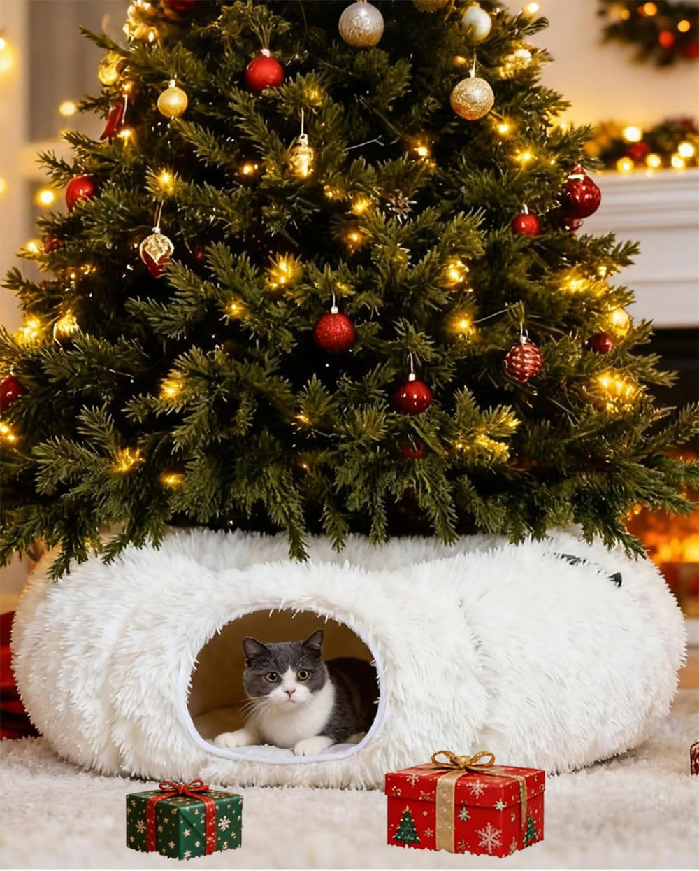 Grelife cat tunnel bed close-up shows soft plush for cozy naps